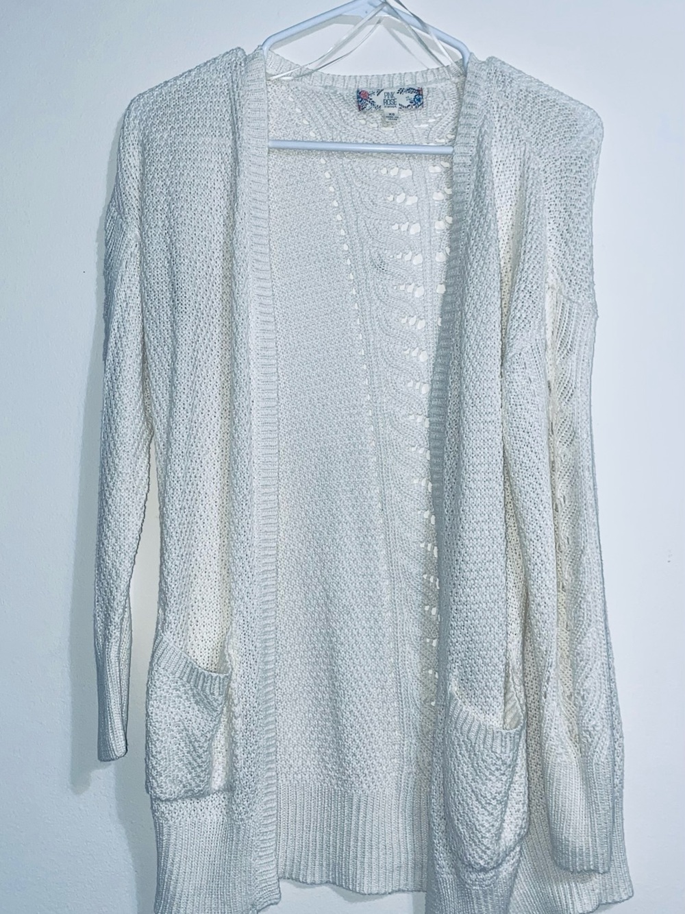 Pink Rose Cream Open-Front Knit Cardigan with Pockets